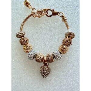 Gold Tone European Charm Bracelet Pave Rhinestone Beads Dangle Heart Charm